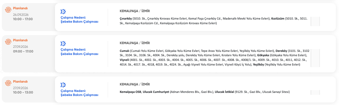 İzmir elektrik kesintisi 26-27-28 Eylül GDZ Elektrik (Buca, Bornova, Kiraz, Çeşme, Konak, Karabağlar, Aliağa, Ödemiş, Urla, Bayındır, Bergama, Karşıyaka) planlı kesinti