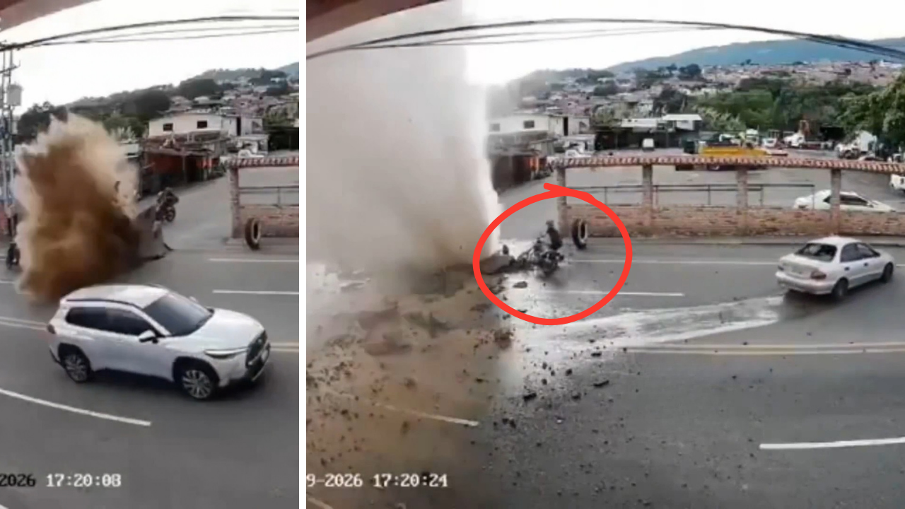 Yol üstünde bomba gibi patladı! Motosikletli saniyelerle kurtuldu