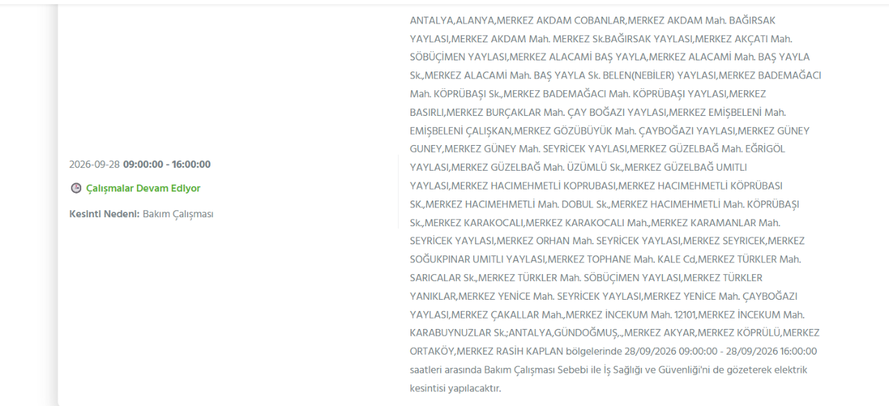 Antalya elektrik kesintisi 27-28 Eylül! Antalya elektrik kesintisi programı