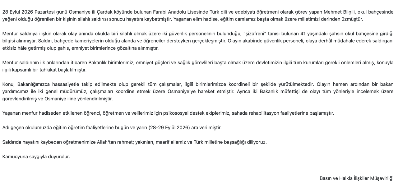 29 Eylül yarın okullar tatil mi? Osmaniye okul saldırısı son dakika açıklaması!