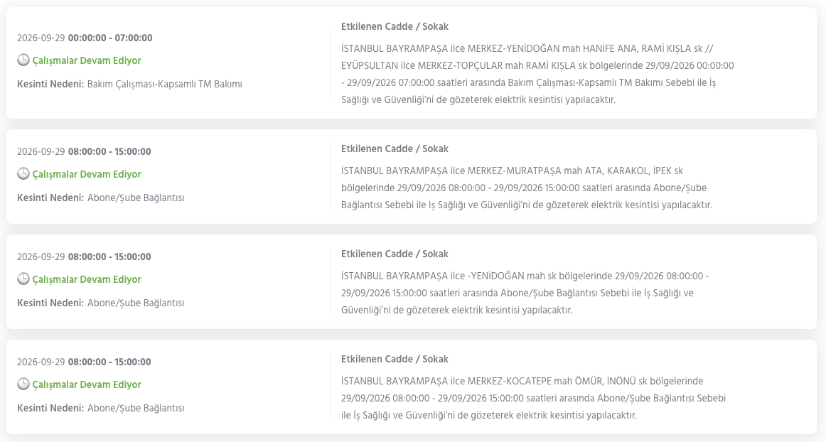 İstanbul elektrik kesintisi 29-30 Eylül BEDAŞ (Bakırköy, Bayrampaşa, Esenyurt, Küçükçekmece, Sarıyer, Beşiktaş, Eyüpsultan, Arnavutköy, Bağcılar, Beylikdüzü, Gaziosmanpaşa, Avcılar, Başakşehir planlı kesinti)