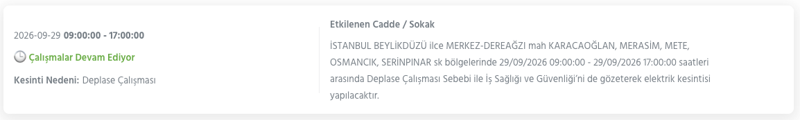 İstanbul elektrik kesintisi 29-30 Eylül BEDAŞ (Bakırköy, Bayrampaşa, Esenyurt, Küçükçekmece, Sarıyer, Beşiktaş, Eyüpsultan, Arnavutköy, Bağcılar, Beylikdüzü, Gaziosmanpaşa, Avcılar, Başakşehir planlı kesinti)