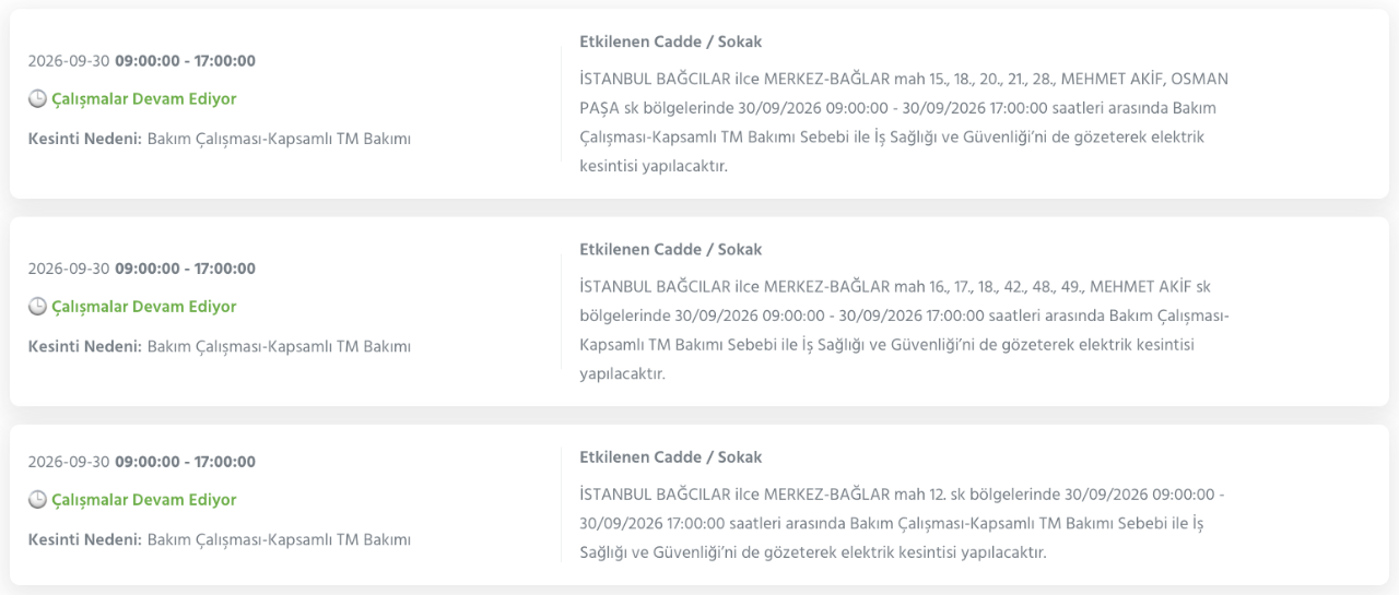 İstanbul elektrik kesintisi 29-30 Eylül BEDAŞ (Bakırköy, Bayrampaşa, Esenyurt, Küçükçekmece, Sarıyer, Beşiktaş, Eyüpsultan, Arnavutköy, Bağcılar, Beylikdüzü, Gaziosmanpaşa, Avcılar, Başakşehir planlı kesinti)