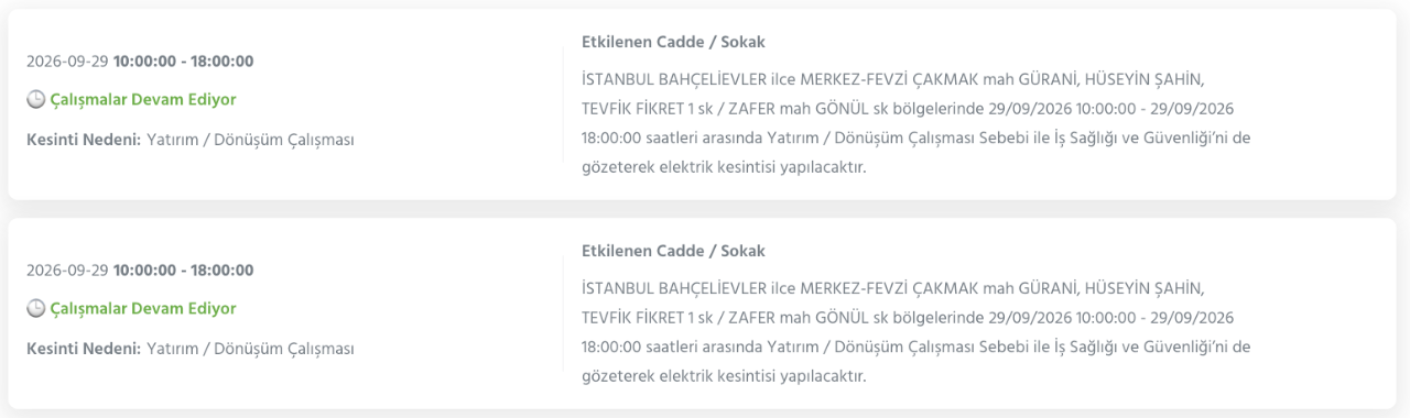 İstanbul elektrik kesintisi 29-30 Eylül BEDAŞ (Bakırköy, Bayrampaşa, Esenyurt, Küçükçekmece, Sarıyer, Beşiktaş, Eyüpsultan, Arnavutköy, Bağcılar, Beylikdüzü, Gaziosmanpaşa, Avcılar, Başakşehir planlı kesinti)