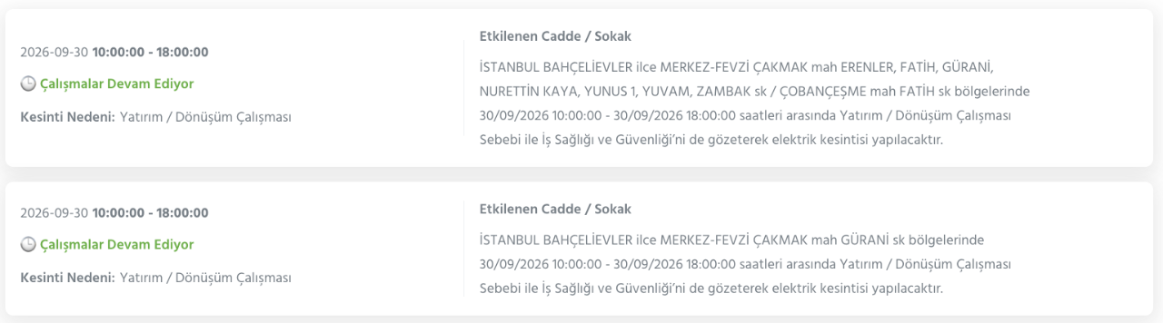 İstanbul elektrik kesintisi 29-30 Eylül BEDAŞ (Bakırköy, Bayrampaşa, Esenyurt, Küçükçekmece, Sarıyer, Beşiktaş, Eyüpsultan, Arnavutköy, Bağcılar, Beylikdüzü, Gaziosmanpaşa, Avcılar, Başakşehir planlı kesinti)