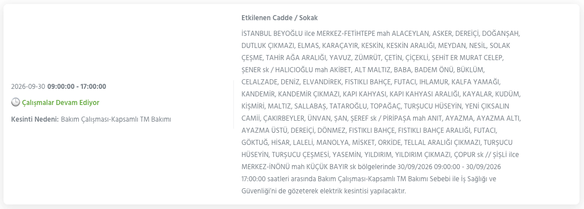 İstanbul elektrik kesintisi 29-30 Eylül BEDAŞ (Bakırköy, Bayrampaşa, Esenyurt, Küçükçekmece, Sarıyer, Beşiktaş, Eyüpsultan, Arnavutköy, Bağcılar, Beylikdüzü, Gaziosmanpaşa, Avcılar, Başakşehir planlı kesinti)