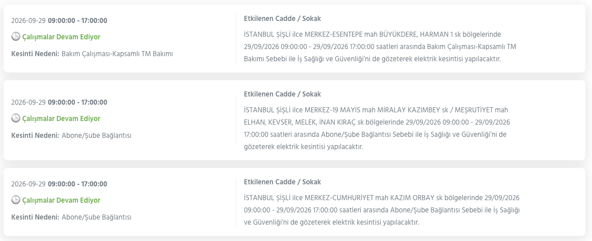 İstanbul elektrik kesintisi 29-30 Eylül BEDAŞ (Bakırköy, Bayrampaşa, Esenyurt, Küçükçekmece, Sarıyer, Beşiktaş, Eyüpsultan, Arnavutköy, Bağcılar, Beylikdüzü, Gaziosmanpaşa, Avcılar, Başakşehir planlı kesinti)