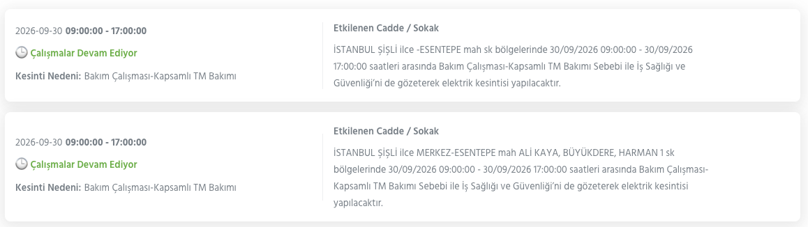 İstanbul elektrik kesintisi 29-30 Eylül BEDAŞ (Bakırköy, Bayrampaşa, Esenyurt, Küçükçekmece, Sarıyer, Beşiktaş, Eyüpsultan, Arnavutköy, Bağcılar, Beylikdüzü, Gaziosmanpaşa, Avcılar, Başakşehir planlı kesinti)