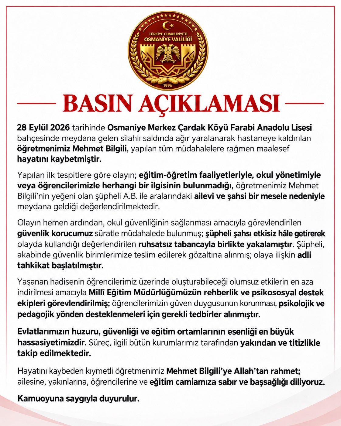 Osmaniye’de okullar tatil mi? 28 Eylül 2026 Valilik açıklaması gündemde