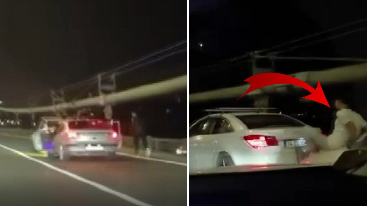 Köprüde şoke eden görüntü! Arabanın kaputundan diğer otomobili itti