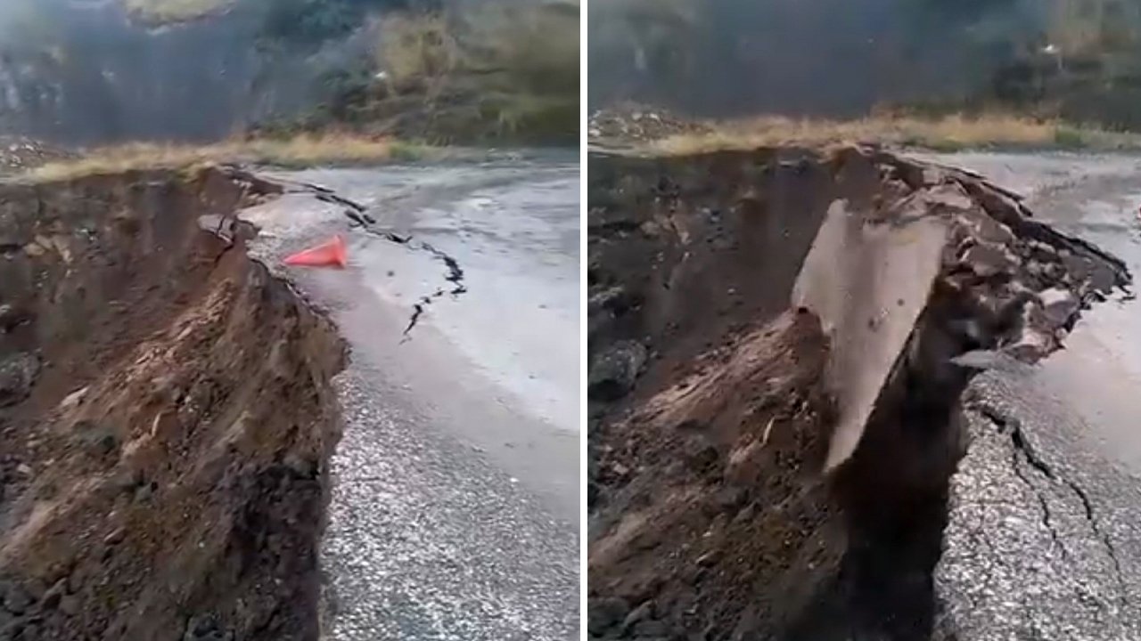 Sağanak sonrası heyelan! Yol böyle çöktü