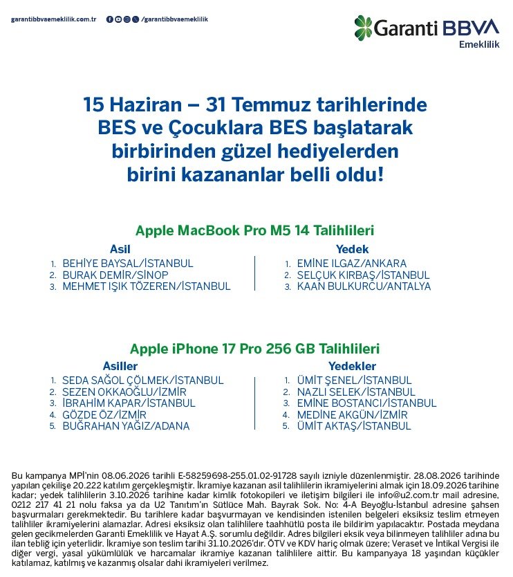 Garanti BBVA BES çekiliş sonuçları açıklandı! iPhone 17 Pro ve MacBook Pro kazananlar listesi