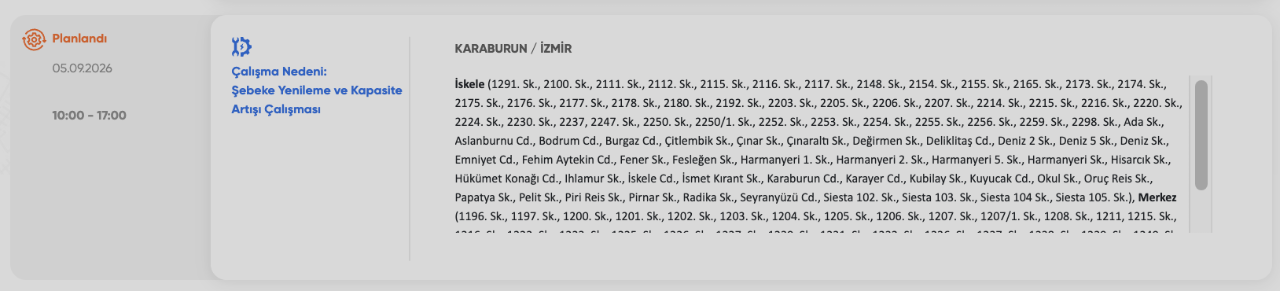 İzmir elektrik kesintisi 5 Eylül programı GDZ Elektrik (Aliağa, Bayındır, Bergama, Bornova, Karaburun, Karşıyaka, Kemalpaşa, Menemen, Ödemiş, Selçuk, Torbalı, Urla, Beydağ, Konak, Menderes, Çiğli, Bayraklı, Karabağlar)