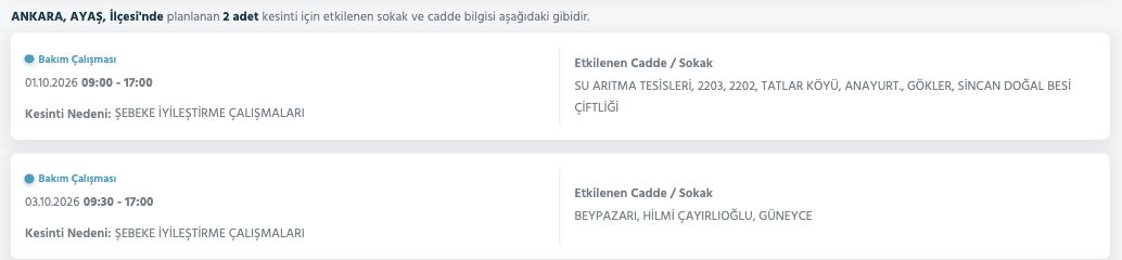 Ankara elektrik kesintisi 1-2-3 Ekim Başkent Elektrik (Çankaya, Etimesgut, Yenimahalle, Çubuk, Akyurt, Altındağ, Mamak, Sincan, Elmadağ, Keçiören, Bala, Polatlı planlı kesinti)