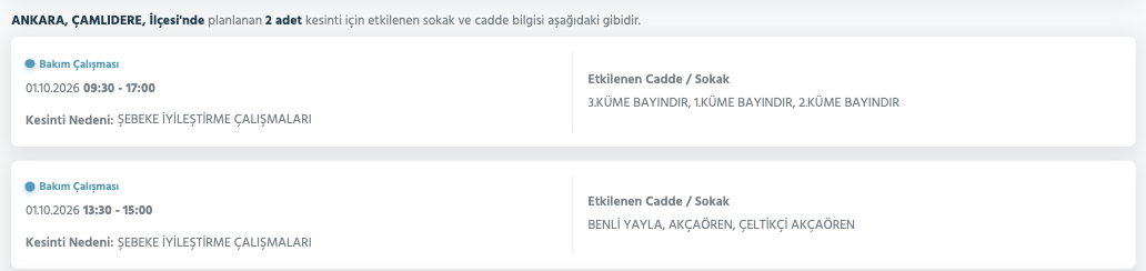 Ankara elektrik kesintisi 1-2-3 Ekim Başkent Elektrik (Çankaya, Etimesgut, Yenimahalle, Çubuk, Akyurt, Altındağ, Mamak, Sincan, Elmadağ, Keçiören, Bala, Polatlı planlı kesinti)