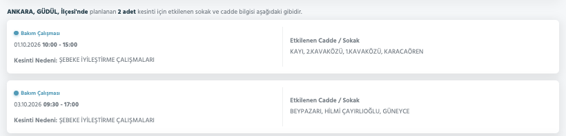 Ankara elektrik kesintisi 1-2-3 Ekim Başkent Elektrik (Çankaya, Etimesgut, Yenimahalle, Çubuk, Akyurt, Altındağ, Mamak, Sincan, Elmadağ, Keçiören, Bala, Polatlı planlı kesinti)