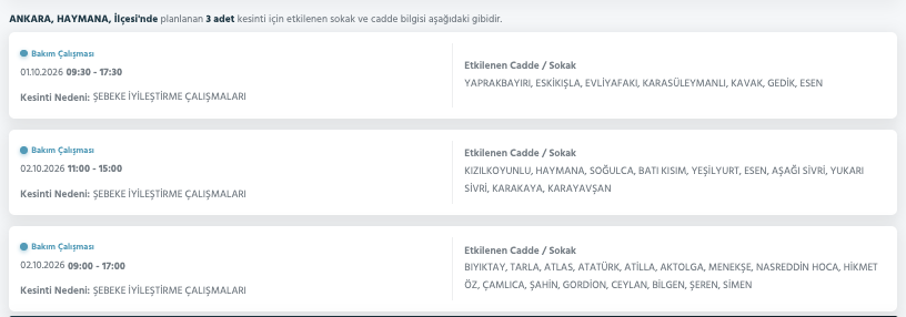 Ankara elektrik kesintisi 1-2-3 Ekim Başkent Elektrik (Çankaya, Etimesgut, Yenimahalle, Çubuk, Akyurt, Altındağ, Mamak, Sincan, Elmadağ, Keçiören, Bala, Polatlı planlı kesinti)