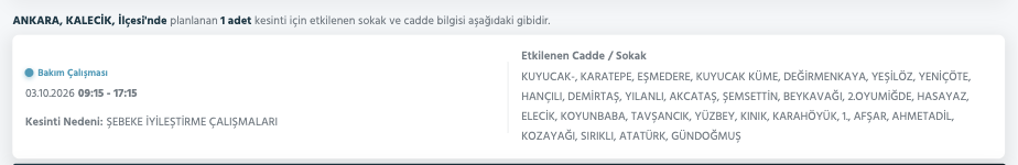 Ankara elektrik kesintisi 1-2-3 Ekim Başkent Elektrik (Çankaya, Etimesgut, Yenimahalle, Çubuk, Akyurt, Altındağ, Mamak, Sincan, Elmadağ, Keçiören, Bala, Polatlı planlı kesinti)