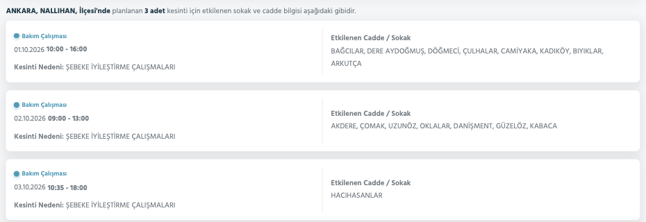 Ankara elektrik kesintisi 1-2-3 Ekim Başkent Elektrik (Çankaya, Etimesgut, Yenimahalle, Çubuk, Akyurt, Altındağ, Mamak, Sincan, Elmadağ, Keçiören, Bala, Polatlı planlı kesinti)