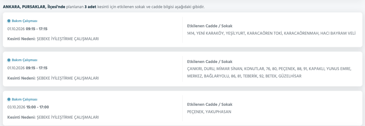 Ankara elektrik kesintisi 1-2-3 Ekim Başkent Elektrik (Çankaya, Etimesgut, Yenimahalle, Çubuk, Akyurt, Altındağ, Mamak, Sincan, Elmadağ, Keçiören, Bala, Polatlı planlı kesinti)