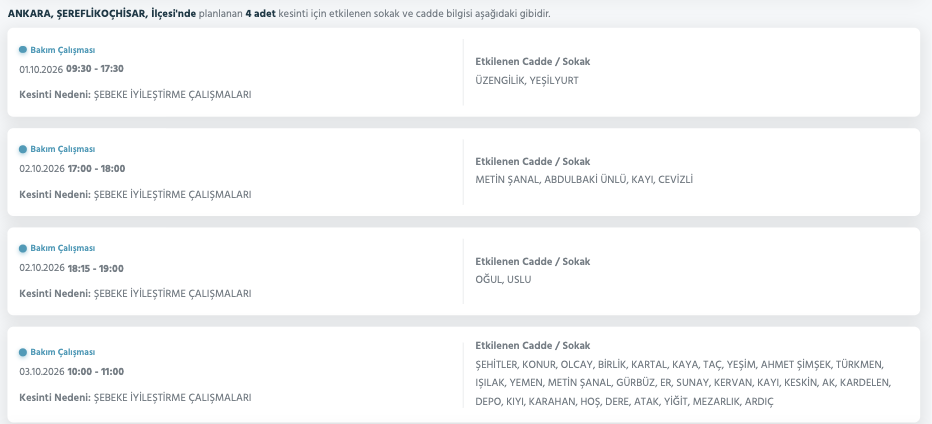 Ankara elektrik kesintisi 1-2-3 Ekim Başkent Elektrik (Çankaya, Etimesgut, Yenimahalle, Çubuk, Akyurt, Altındağ, Mamak, Sincan, Elmadağ, Keçiören, Bala, Polatlı planlı kesinti)
