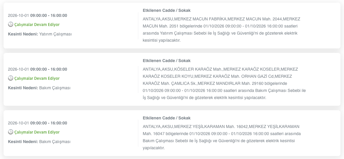 Antalya elektrik kesintisi 1-2-3 Ekim AEDAŞ (Alanya, Serik, Aksu, Manavgat, Kumluca, Kaş, Muratpaşa, Kemer, Korkuteli, Elmalı, Demre, Döşemealtı, Gazipaşa planlı kesinti)