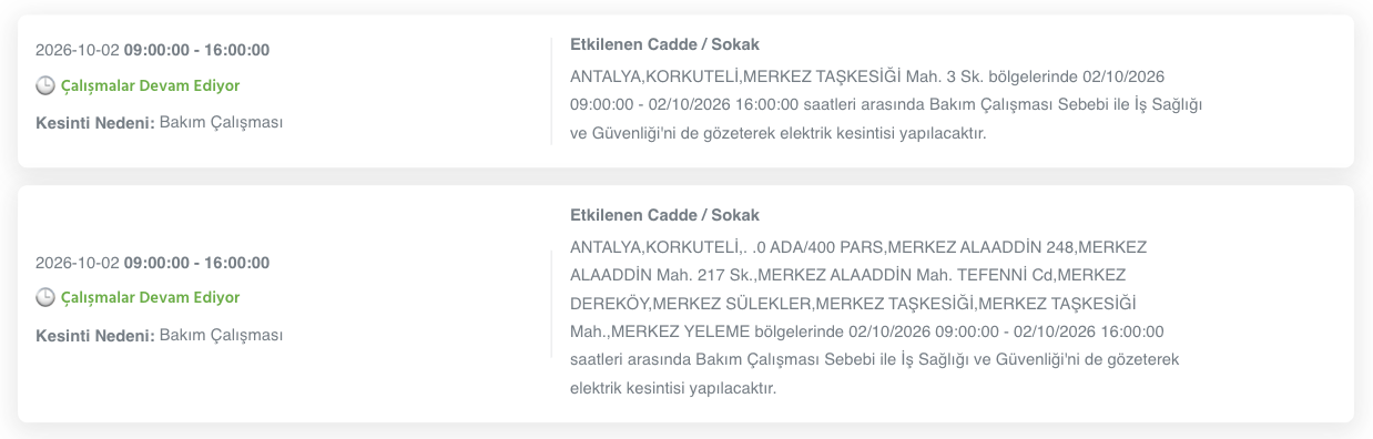 Antalya elektrik kesintisi 1-2-3 Ekim AEDAŞ (Alanya, Serik, Aksu, Manavgat, Kumluca, Kaş, Muratpaşa, Kemer, Korkuteli, Elmalı, Demre, Döşemealtı, Gazipaşa planlı kesinti)