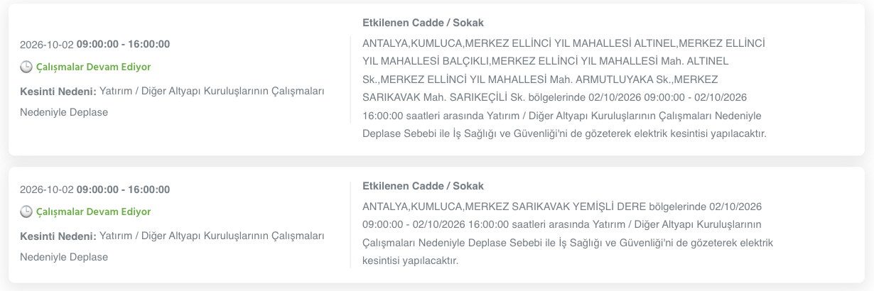 Antalya elektrik kesintisi 1-2-3 Ekim AEDAŞ (Alanya, Serik, Aksu, Manavgat, Kumluca, Kaş, Muratpaşa, Kemer, Korkuteli, Elmalı, Demre, Döşemealtı, Gazipaşa planlı kesinti)