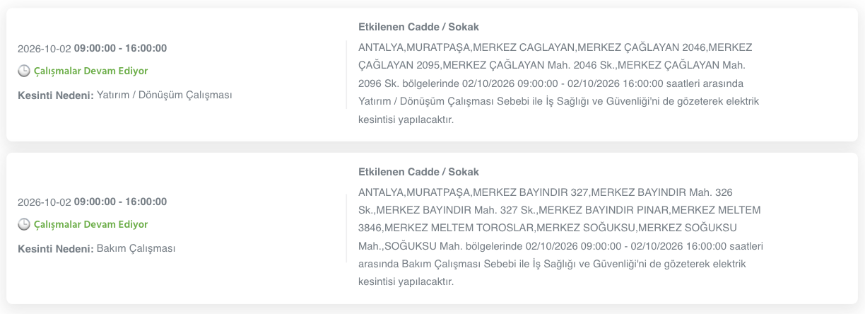 Antalya elektrik kesintisi 1-2-3 Ekim AEDAŞ (Alanya, Serik, Aksu, Manavgat, Kumluca, Kaş, Muratpaşa, Kemer, Korkuteli, Elmalı, Demre, Döşemealtı, Gazipaşa planlı kesinti)