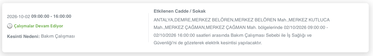 Antalya elektrik kesintisi 1-2-3 Ekim AEDAŞ (Alanya, Serik, Aksu, Manavgat, Kumluca, Kaş, Muratpaşa, Kemer, Korkuteli, Elmalı, Demre, Döşemealtı, Gazipaşa planlı kesinti)