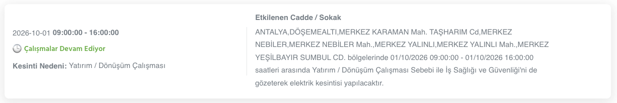 Antalya elektrik kesintisi 1-2-3 Ekim AEDAŞ (Alanya, Serik, Aksu, Manavgat, Kumluca, Kaş, Muratpaşa, Kemer, Korkuteli, Elmalı, Demre, Döşemealtı, Gazipaşa planlı kesinti)