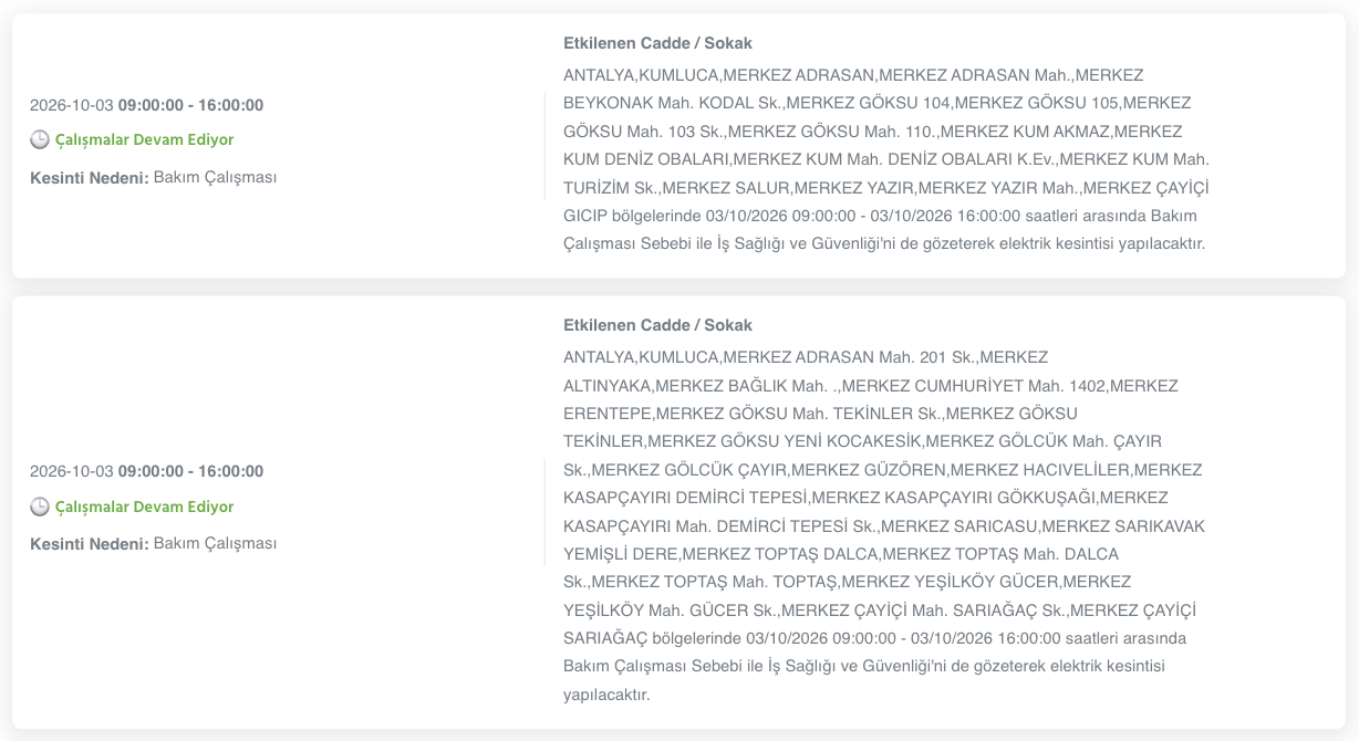 Antalya elektrik kesintisi 1-2-3 Ekim AEDAŞ (Alanya, Serik, Aksu, Manavgat, Kumluca, Kaş, Muratpaşa, Kemer, Korkuteli, Elmalı, Demre, Döşemealtı, Gazipaşa planlı kesinti)