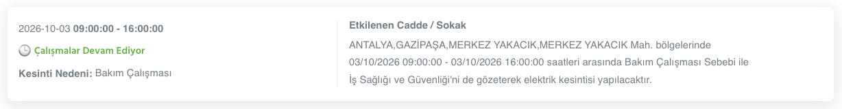 Antalya elektrik kesintisi 1-2-3 Ekim AEDAŞ (Alanya, Serik, Aksu, Manavgat, Kumluca, Kaş, Muratpaşa, Kemer, Korkuteli, Elmalı, Demre, Döşemealtı, Gazipaşa planlı kesinti)
