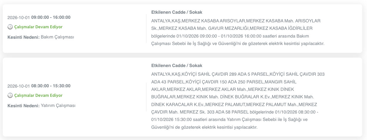 Antalya elektrik kesintisi 1-2-3 Ekim AEDAŞ (Alanya, Serik, Aksu, Manavgat, Kumluca, Kaş, Muratpaşa, Kemer, Korkuteli, Elmalı, Demre, Döşemealtı, Gazipaşa planlı kesinti)