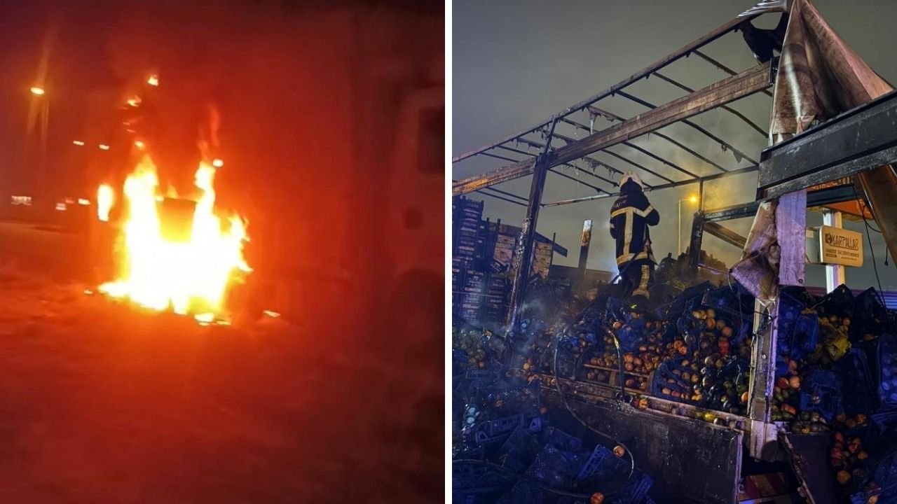 Kamyon alevlere teslim oldu! Kilolarca meyve sebze de küle döndü