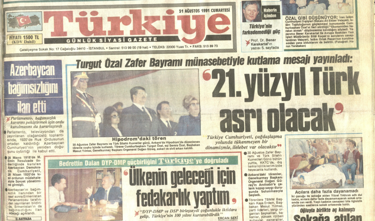 31 Ağustos 1992 tarihli Türkiye gazetesi
