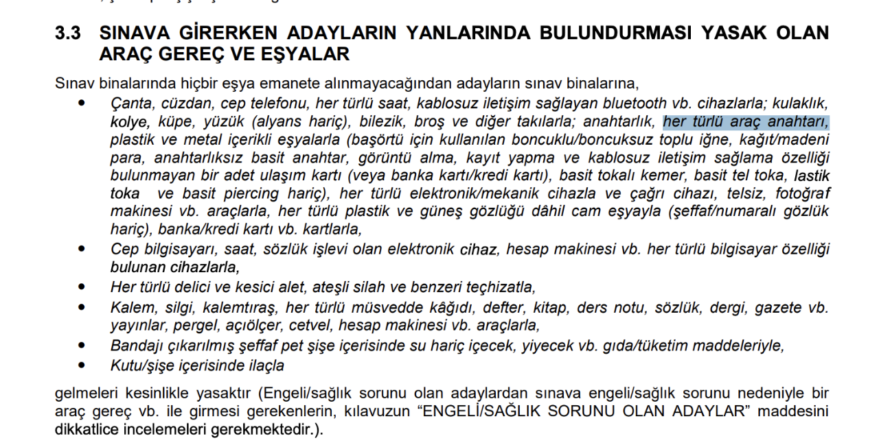 KPSS sınavına araba anahtarı alınıyor mu? Sınava girerken yasak olan eşyalar
