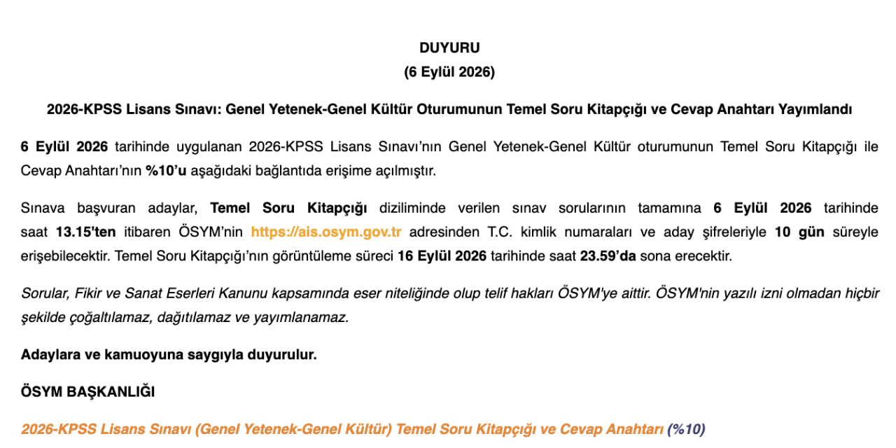 KPSS soruları ve cevap anahtarı ekranı! 2026-KPSS Lisans Genel Yetenek-Genel Kültür soru kitapçıkları ve cevap anahtarları açıklandı!