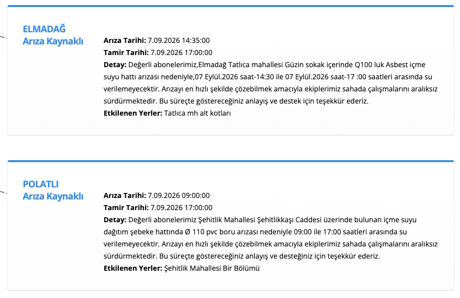ASKİ Ankara su kesintisi 7 Eylül (Etimesgut, Elmadağ, Pursaklar, Sincan, Çubuk, Polatlı, Elmadağ, Keçiören, Gölbaşı, Kalecik)