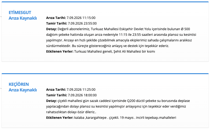 ASKİ Ankara su kesintisi 7 Eylül (Etimesgut, Elmadağ, Pursaklar, Sincan, Çubuk, Polatlı, Elmadağ, Keçiören, Gölbaşı, Kalecik)