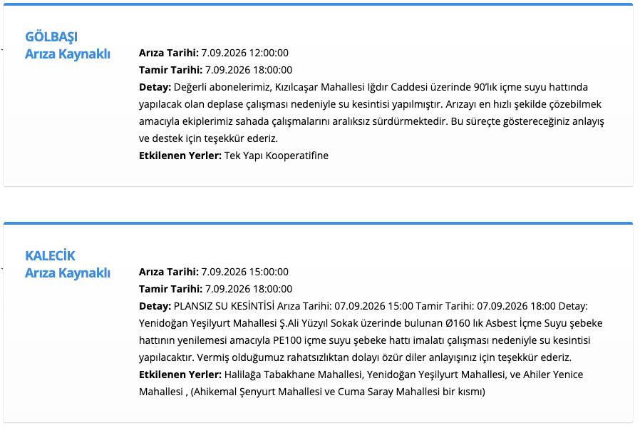 ASKİ Ankara su kesintisi 7 Eylül (Etimesgut, Elmadağ, Pursaklar, Sincan, Çubuk, Polatlı, Elmadağ, Keçiören, Gölbaşı, Kalecik)