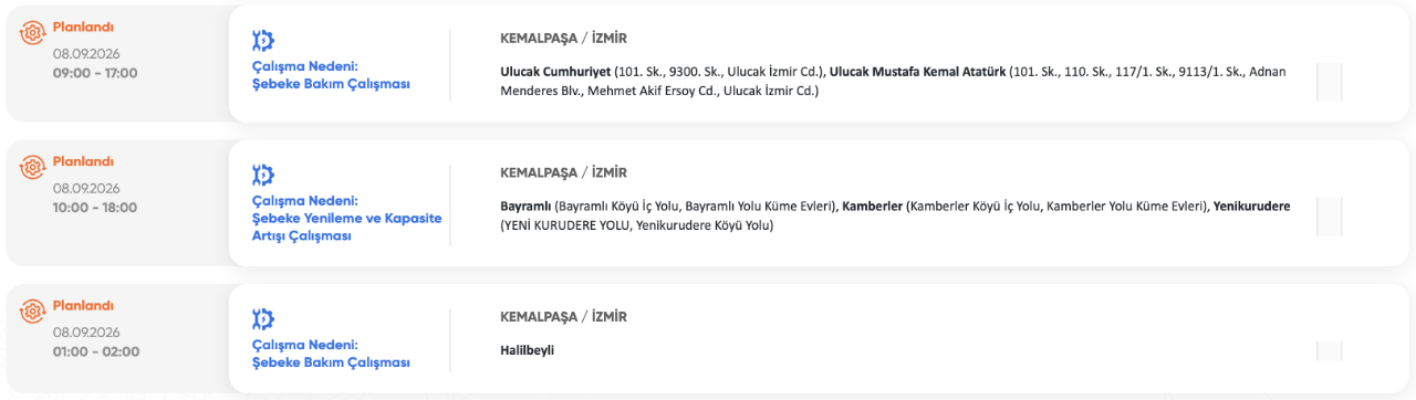 İzmir elektrik kesintisi 7-8-9 Eylül (Karşıyaka, Bayraklı, Urla, Ödemiş, Kınık, Kiraz, Bayındır) GDZ Elektrik planlı kesinti programı