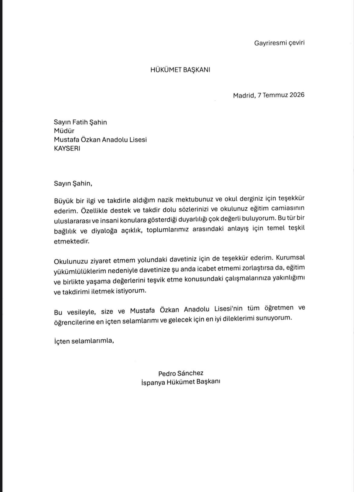Öğrenciler gönderdi, İspanya Başbakanı cevap verdi! Kayserideki liseye sürpriz mektup