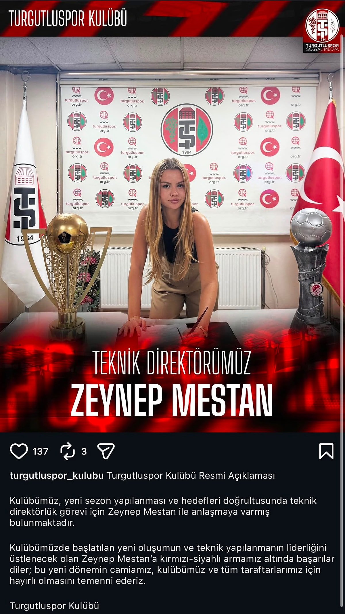 Türk futbolunda ezber bozan imza! Turgutlusporun yeni teknik direktörü 22 yaşındaki Zeynep Mestan oldu