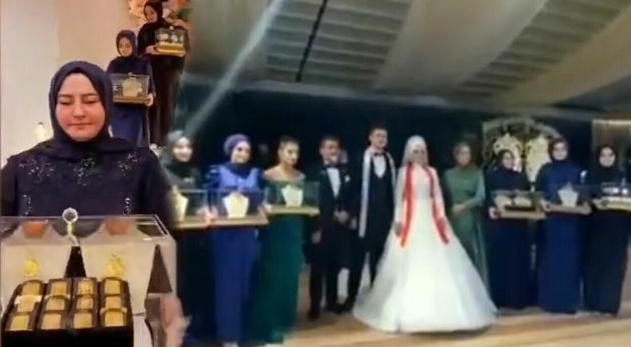 Erzincan’da altın şovu… Cam fanuslarla düğüne getirilen takıların sonu gelmedi!