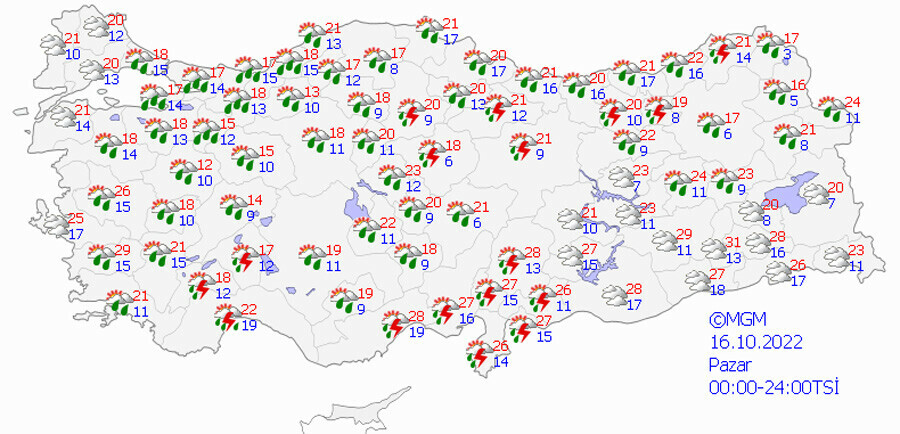 18 kentte 'sarı' alarm: Kuvvetli sağanak ve fırtına birlikte vuracak (16 Ekim 2022 hava durumu) 18 kentte 'sarı' alarm: Kuvvetli sağanak ve fırtına birlikte vuracak (16 Ekim 2022 hava durumu)