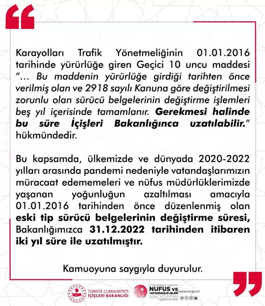 Eski ehliyetini yenilemek isteyenler dikkat! Bakanlık duyurdu, süre 2 sene daha uzatıldı Eski ehliyetini yenilemek isteyenler dikkat! Bakanlık duyurdu, süre 2 sene daha uzatıldı