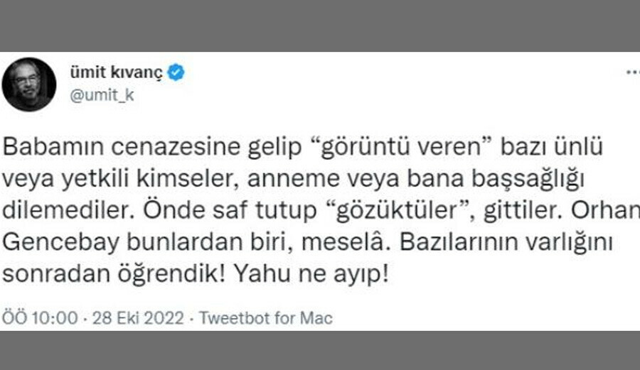 Halit Kıvanç’ın oğlundan Orhan Gencebay’a cenaze tepkisi: “Önde saf tutup gözüktüler, gittiler” Halit Kıvanç’ın oğlundan Orhan Gencebay’a cenaze tepkisi: “Önde saf tutup gözüktüler, gittiler”