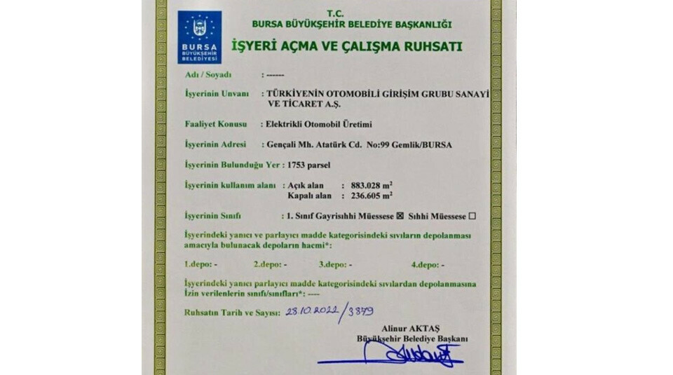 TOGG Otomobil Fabrikası ruhsatına kavuştu!  TOGG Otomobil Fabrikası ruhsatına kavuştu!