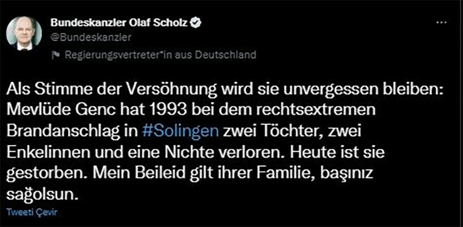 Olaf Scholz'tan Almanya'da vefat eden Mevlüde Genç için Türkçe taziye mesajı